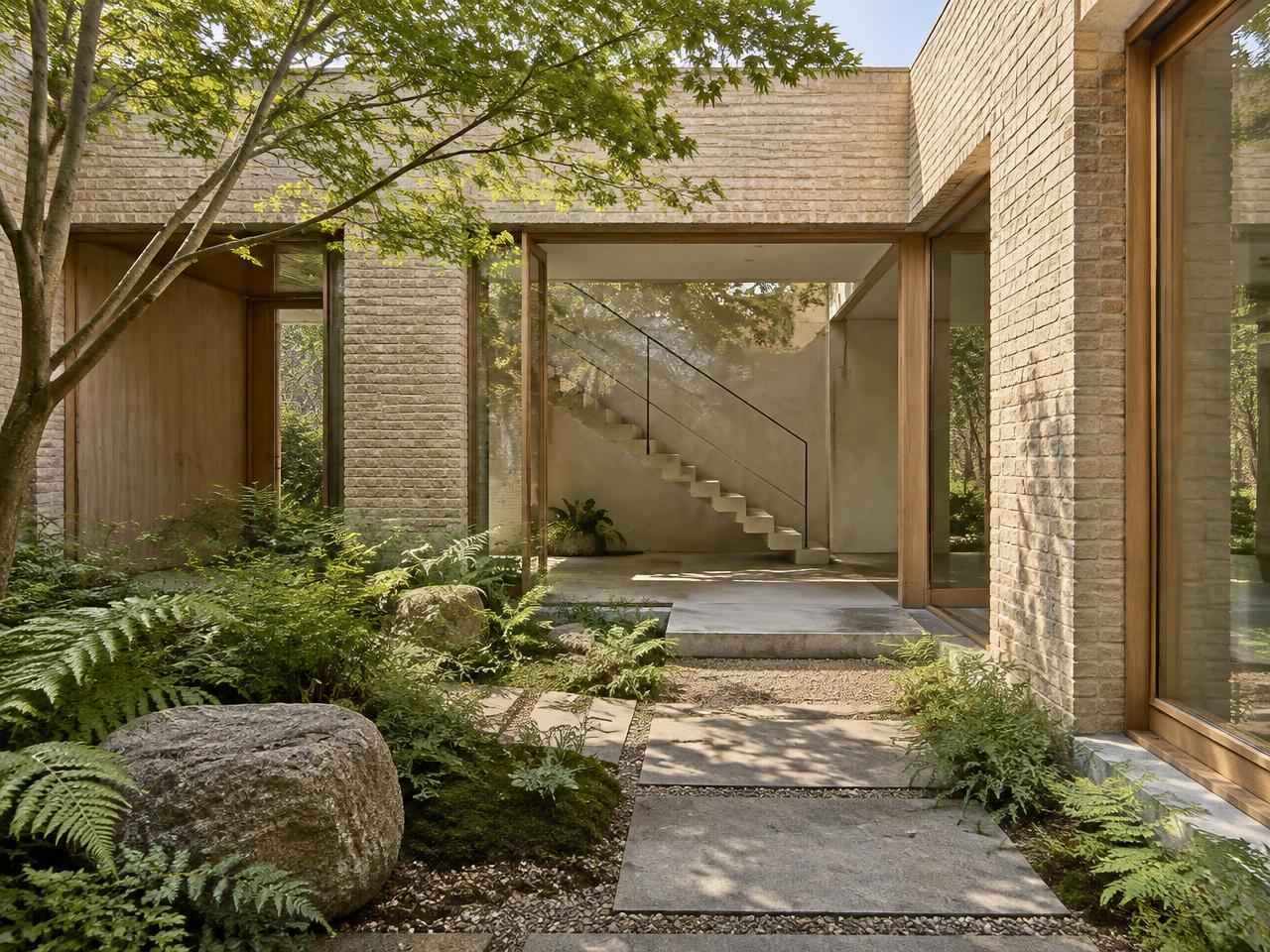 Pale brick courtyard and garden