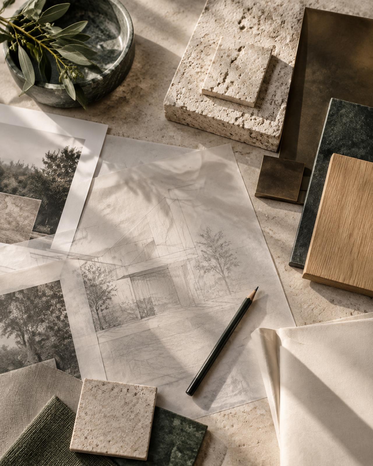 Architectural sketches and material samples